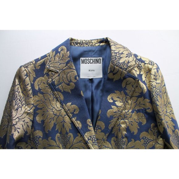 Moschino Jeans 90s Vintage Metallic Notch Collar Blazer Blue Gold Size 10 - Picture 7 of 12